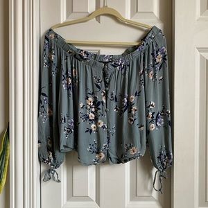 Kendall & Kylie Off the Shoulder Blouse - blue, floral, tie wrist, relaxed fit